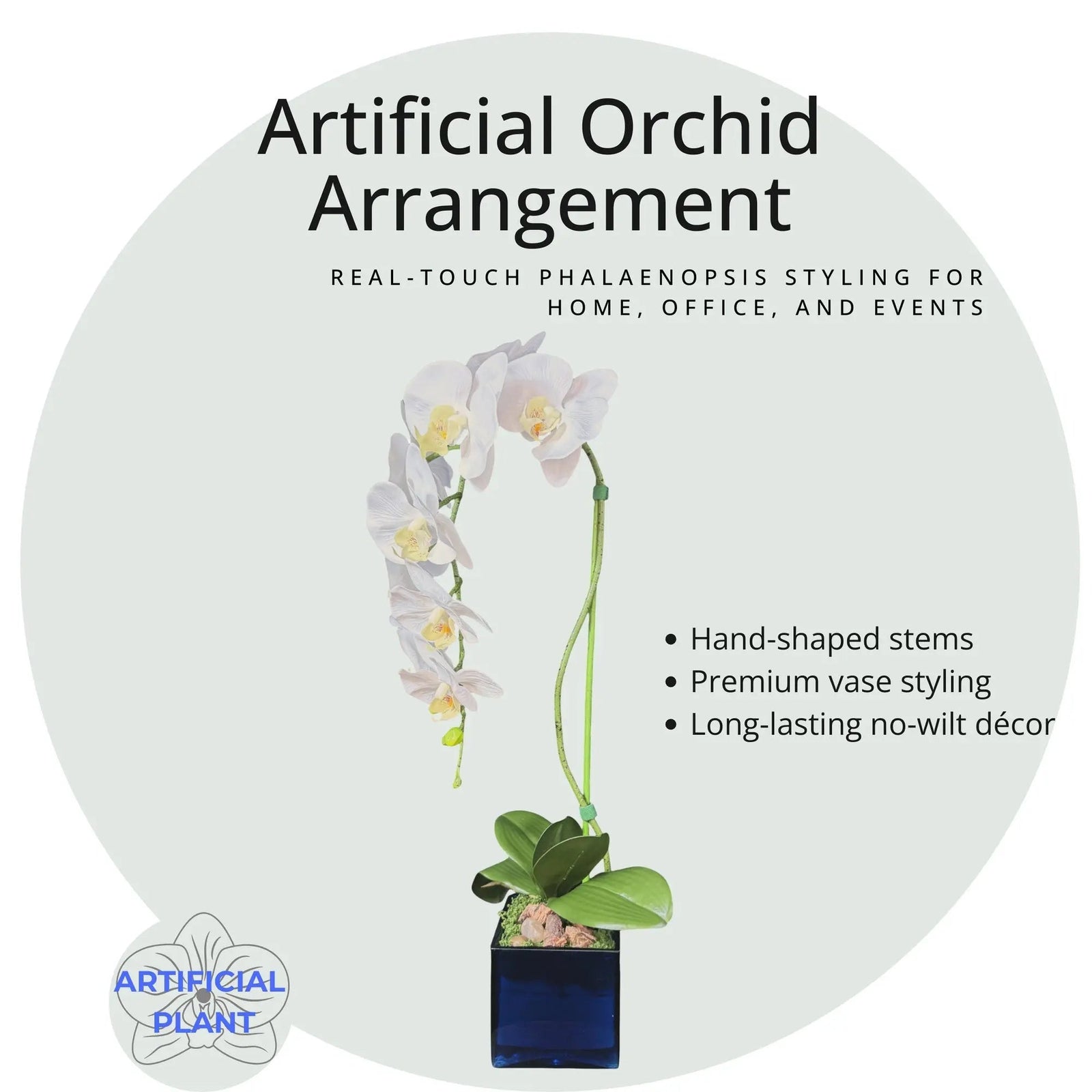 Artificial Single Stem White Orchid Arrangement in Blue Glass Cube Planter, Faux Phalaenopsis Floral Decor, Modern Home Office Desk Decoration - The Room Collective