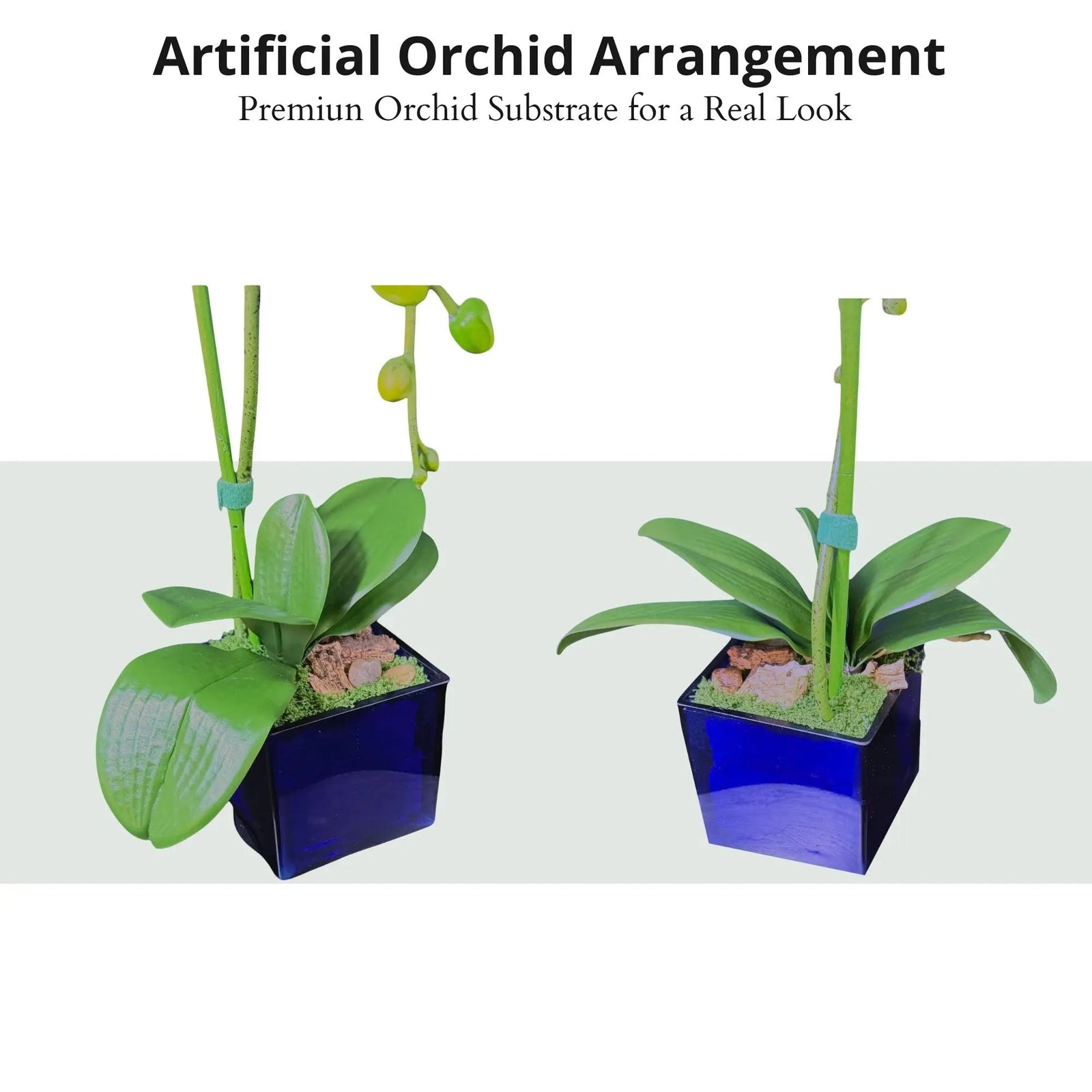 Artificial Single Stem White Orchid Arrangement in Blue Glass Cube Planter, Faux Phalaenopsis Floral Decor, Modern Home Office Desk Decoration - The Room Collective