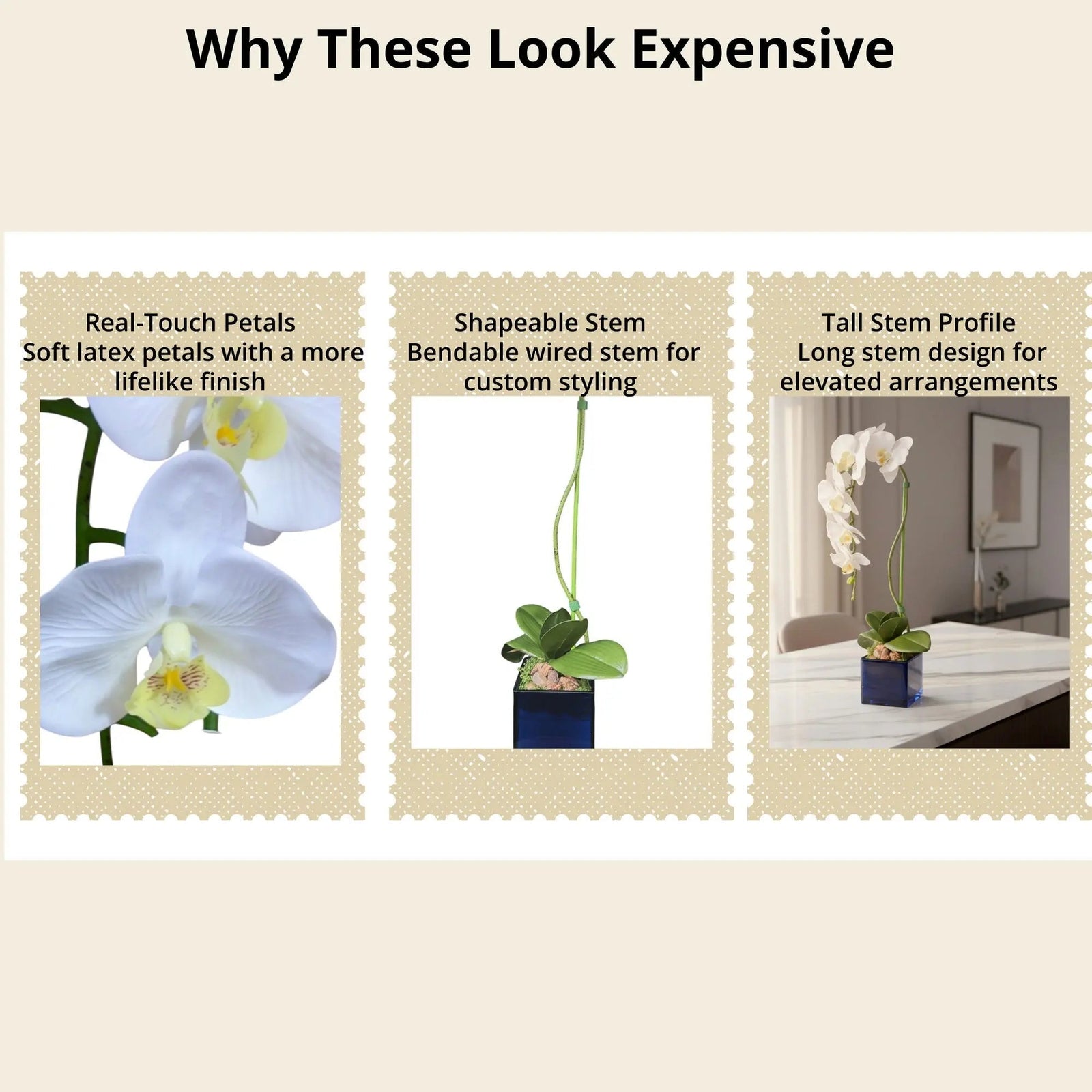 Artificial Single Stem White Orchid Arrangement in Blue Glass Cube Planter, Faux Phalaenopsis Floral Decor, Modern Home Office Desk Decoration - The Room Collective