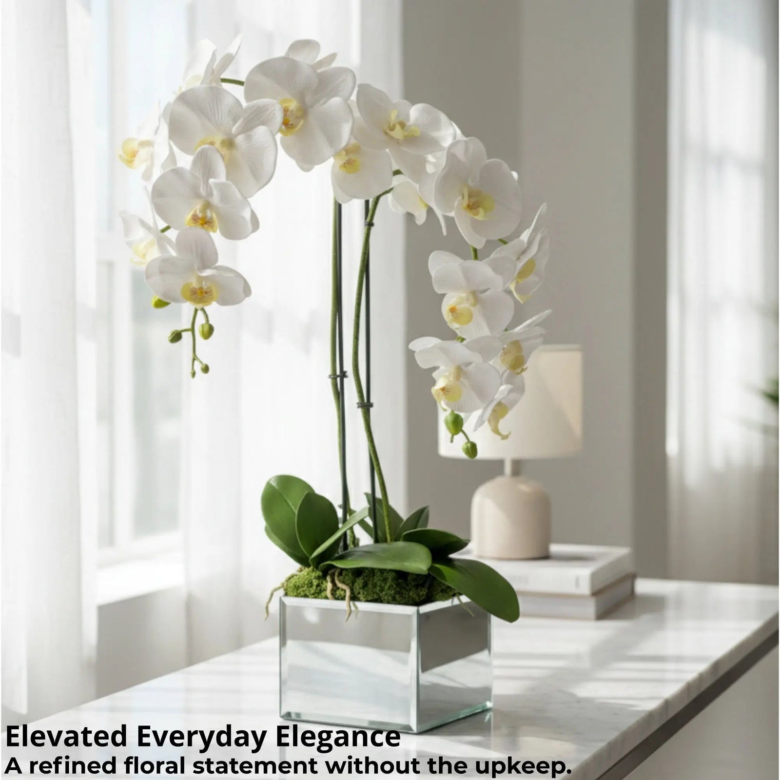 Artificial White Orchid Arrangement, Double Stem Real Touch Latex Phalaenopsis in Mirror Glass Cube Planter, Luxury Faux Orchid for Modern Home & Office Decor - The Room Collective