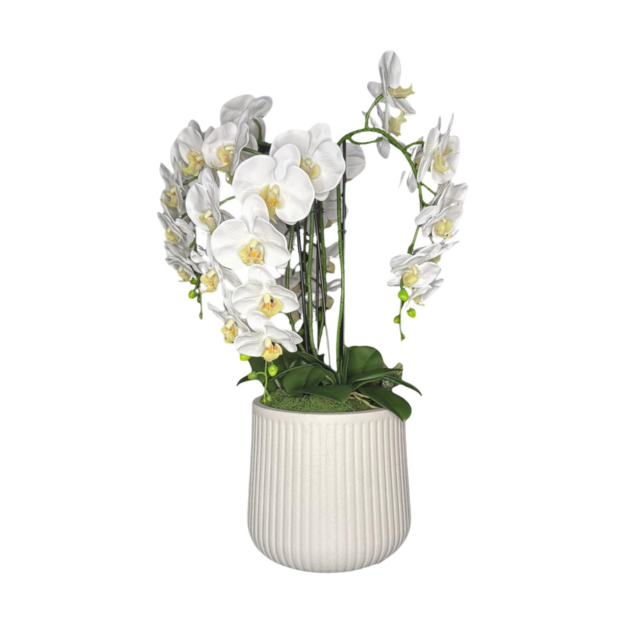 Large artificial white orchid arrangement in a textured white pot