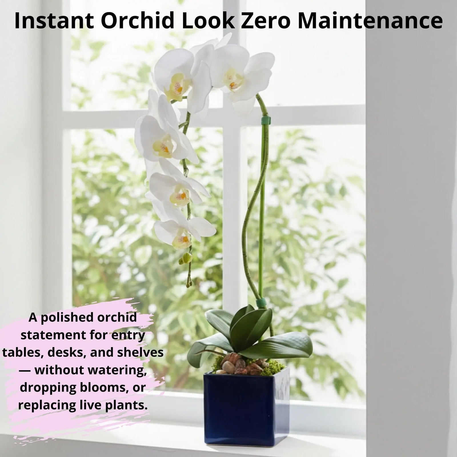 Artificial Single Stem White Orchid Arrangement in Blue Glass Cube Planter, Faux Phalaenopsis Floral Decor, Modern Home Office Desk Decoration - The Room Collective
