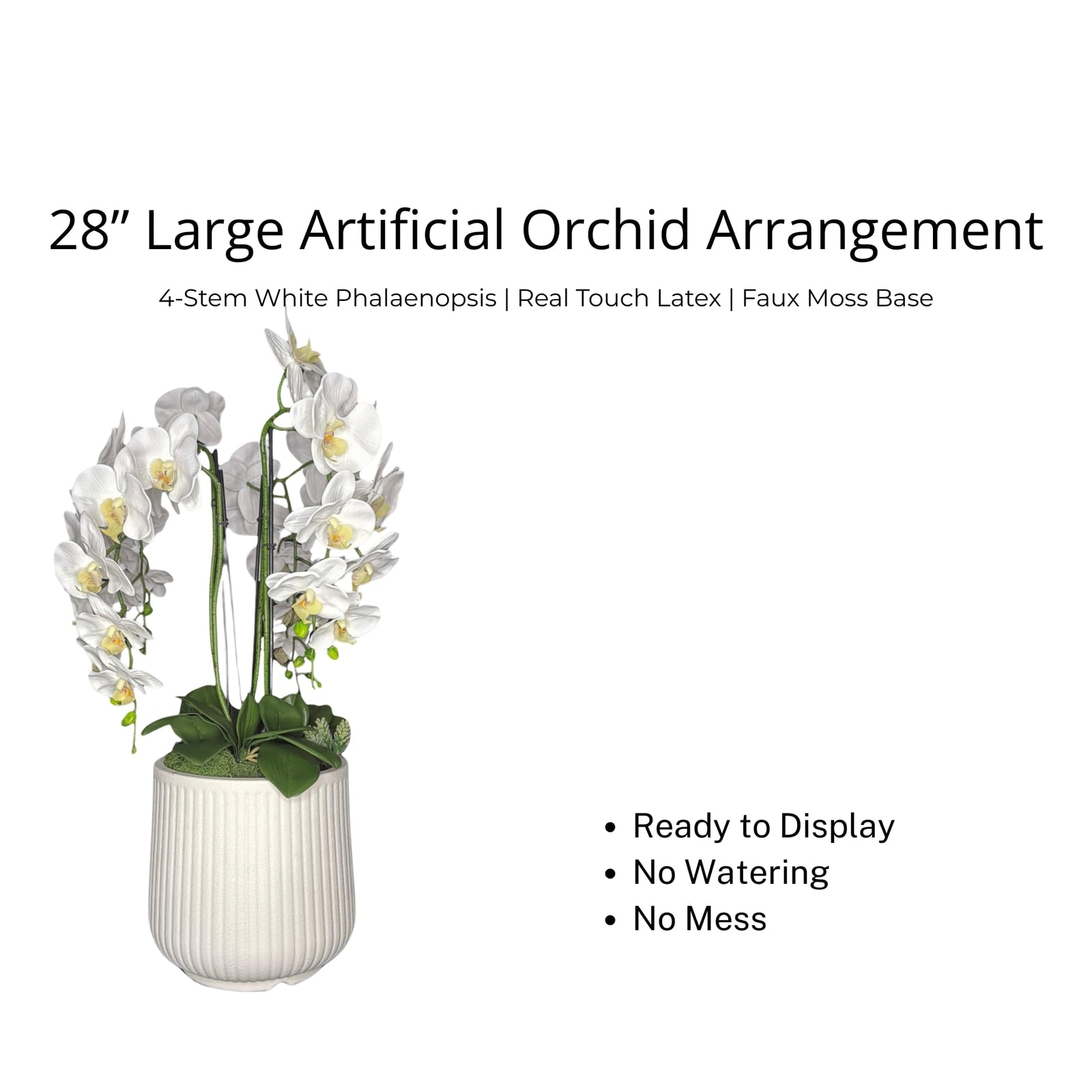 Crystal City Designs 28-inch artificial white Phalaenopsis orchid arrangement with four stems in a textured white pot.