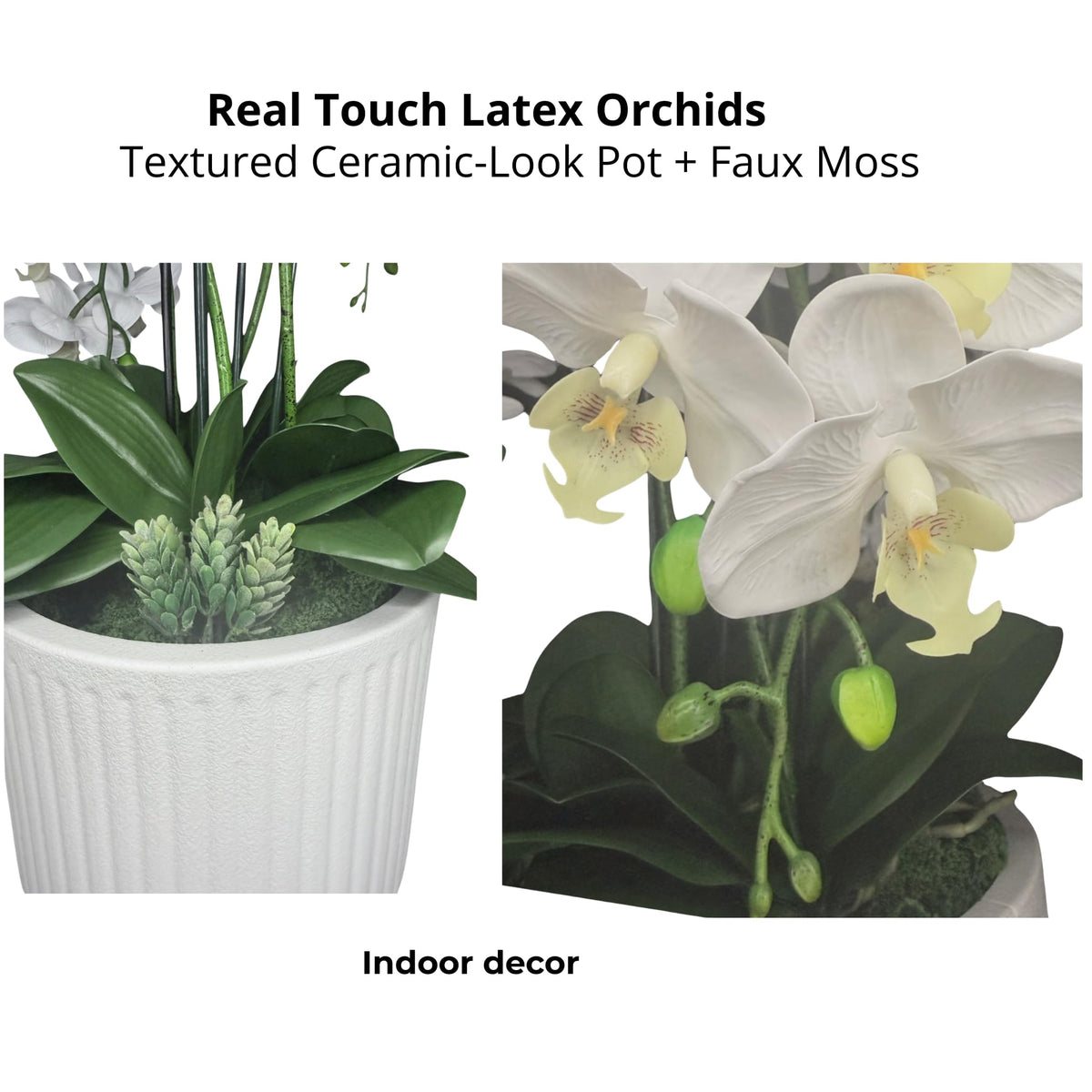 Crystal City Designs 28 inch artificial white Phalaenopsis orchid arrangement in a textured white pot with faux moss