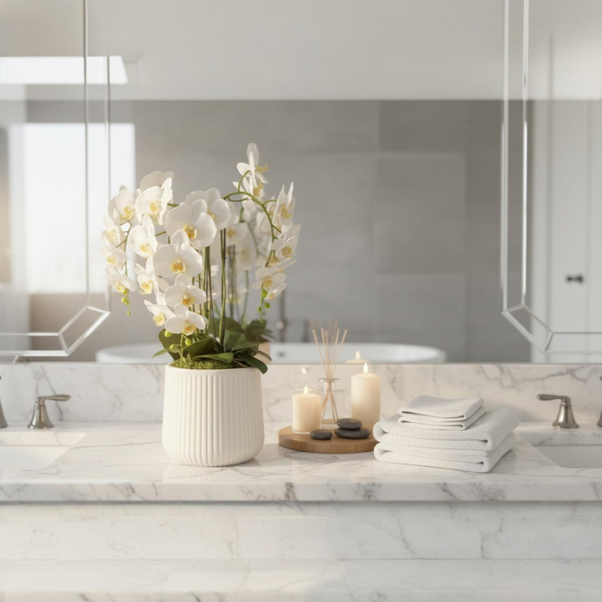 Crystal City Designs 28-inch artificial white Phalaenopsis orchid arrangement in a textured white pot on a marble vanity