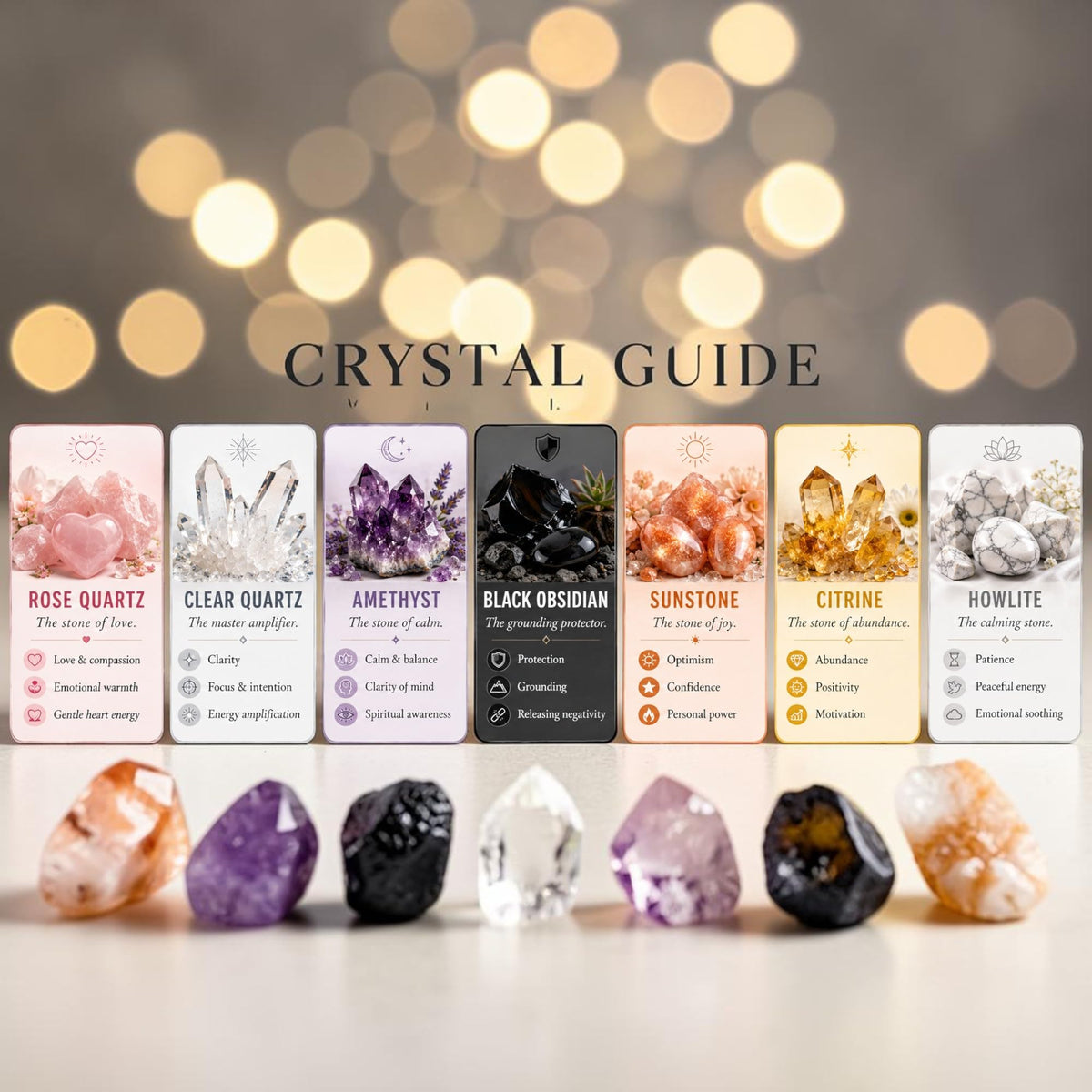 Crystal City Designs crystal guide showing seven different gemstones with their symbolic meanings and properties.