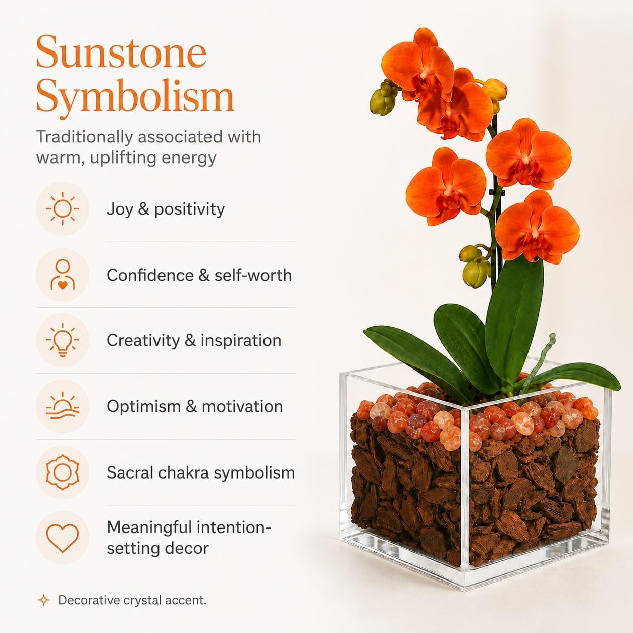 Crystal City Designs mini orange Phalaenopsis orchid in a clear acrylic cube with natural Sunstone crystal accents.