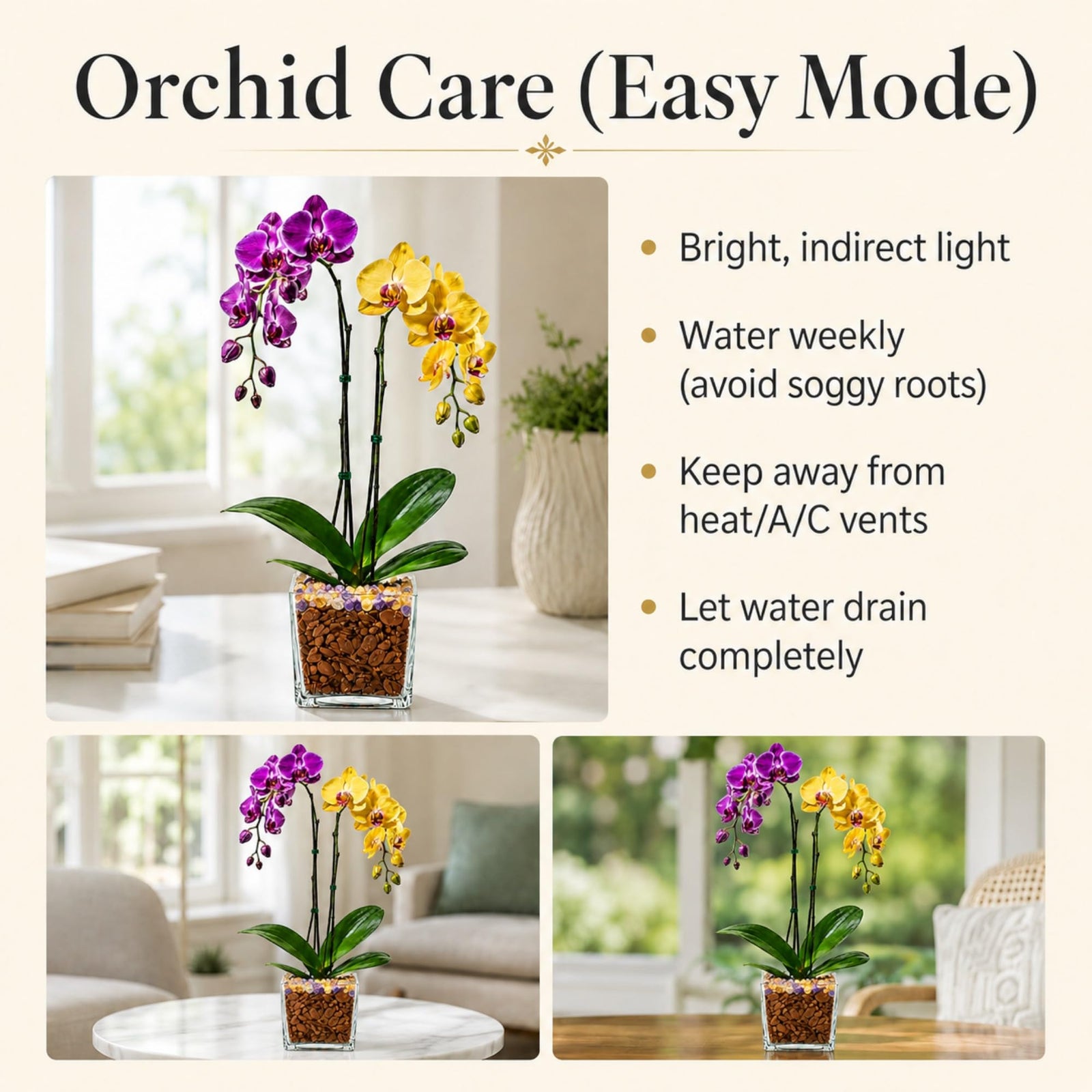 Crystal City Designs double-stem Phalaenopsis orchid with purple and yellow blooms and crystal accents in clear planter