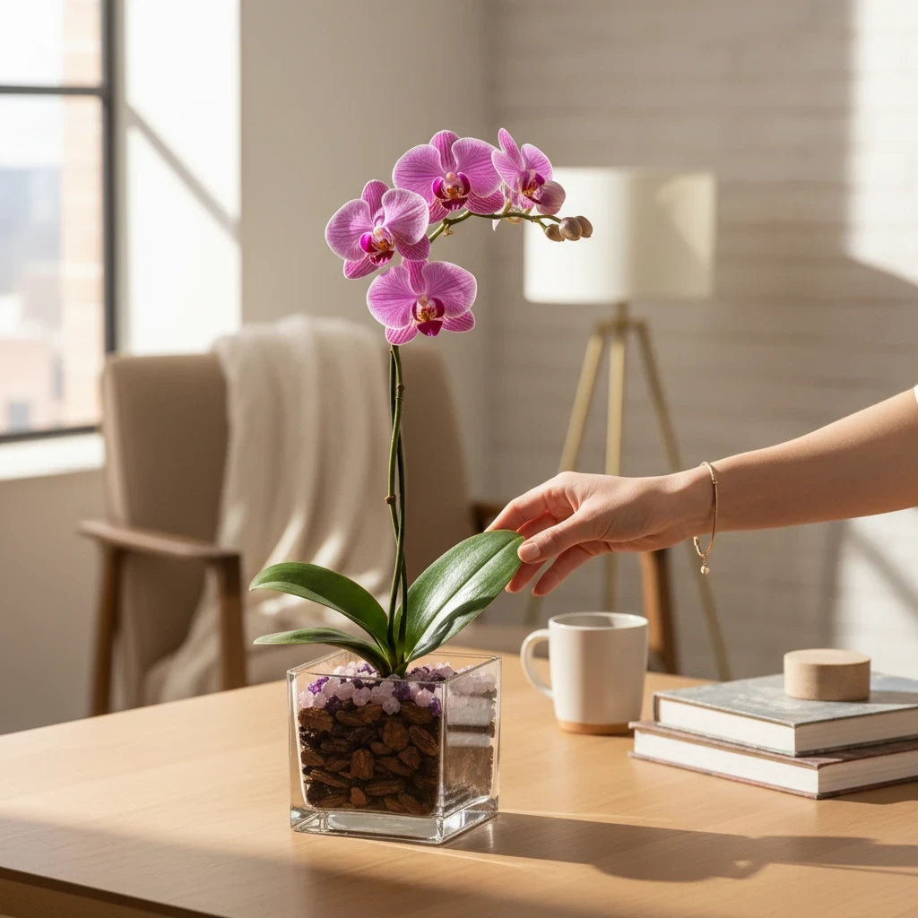 Crystal City Designs pink Phalaenopsis orchid in a clear acrylic cube with Rose Quartz and Amethyst crystal accents.