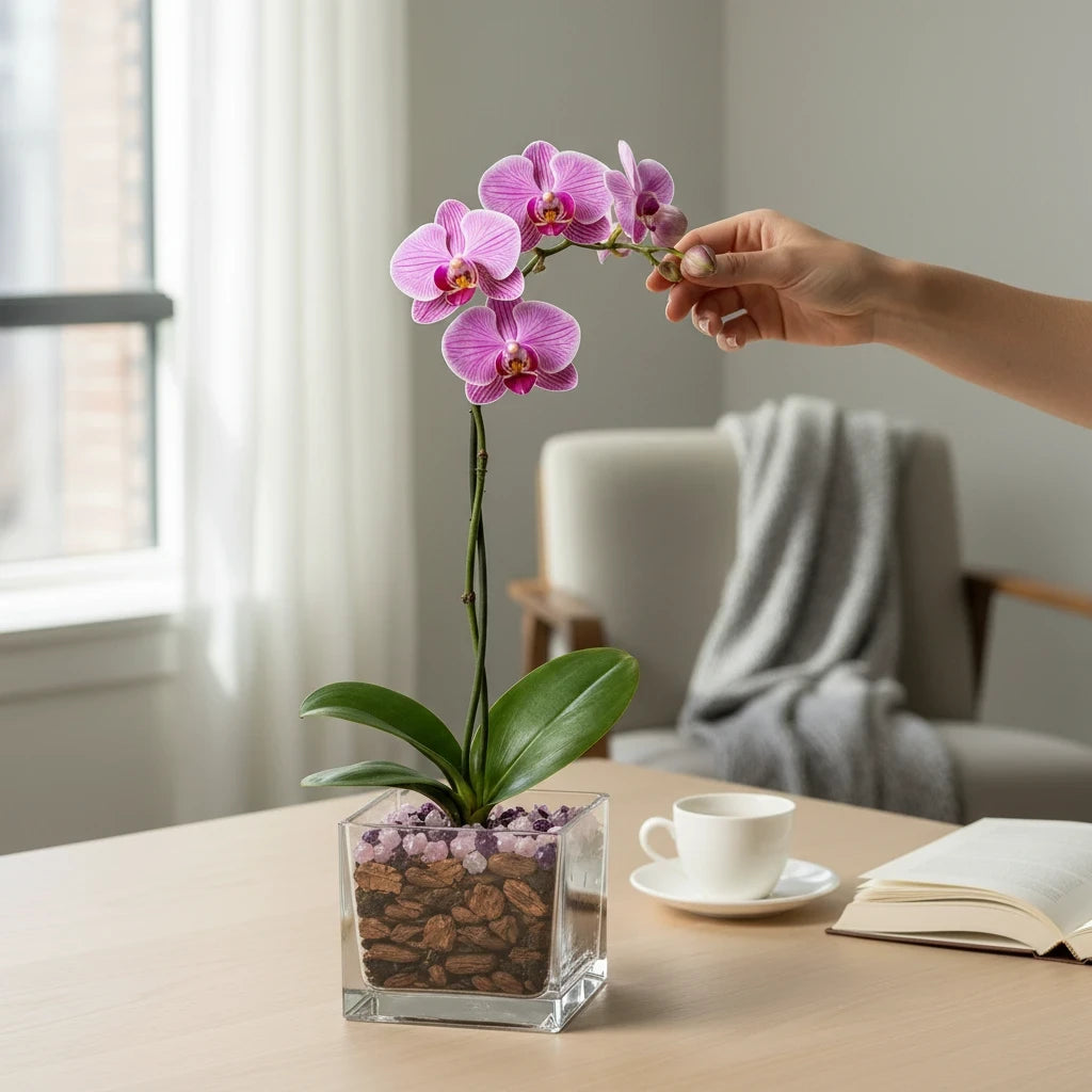 Crystal City Designs pink Phalaenopsis orchid in a clear acrylic cube with Rose Quartz and Amethyst crystal accents.