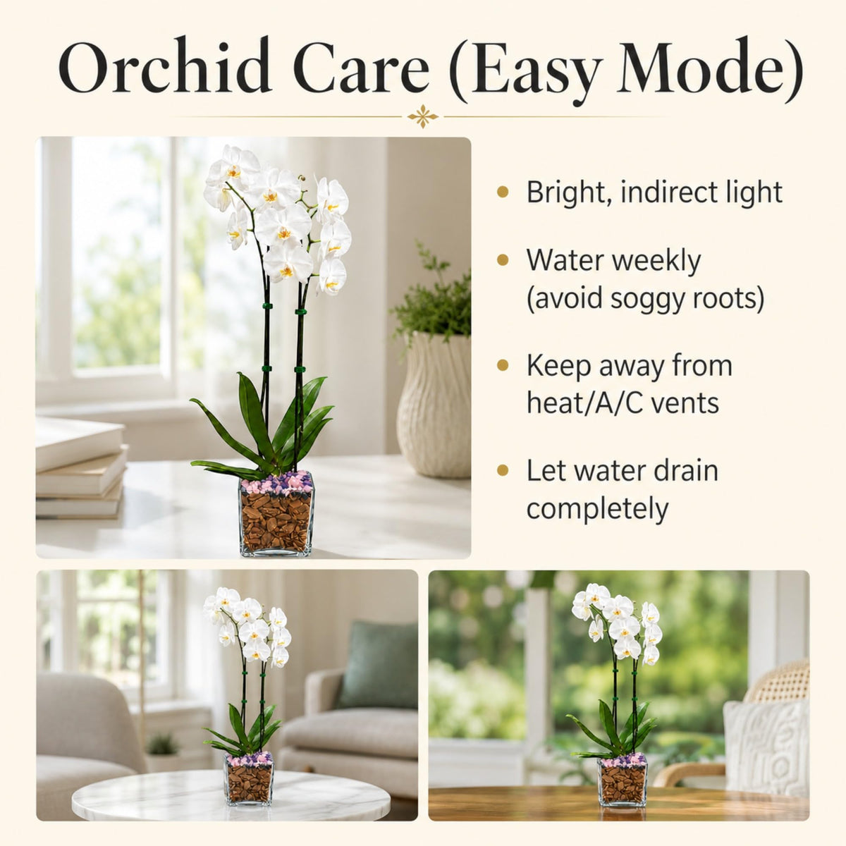 Crystal City Designs double-stem white Phalaenopsis orchid in a clear planter with amethyst accents and care guide.
