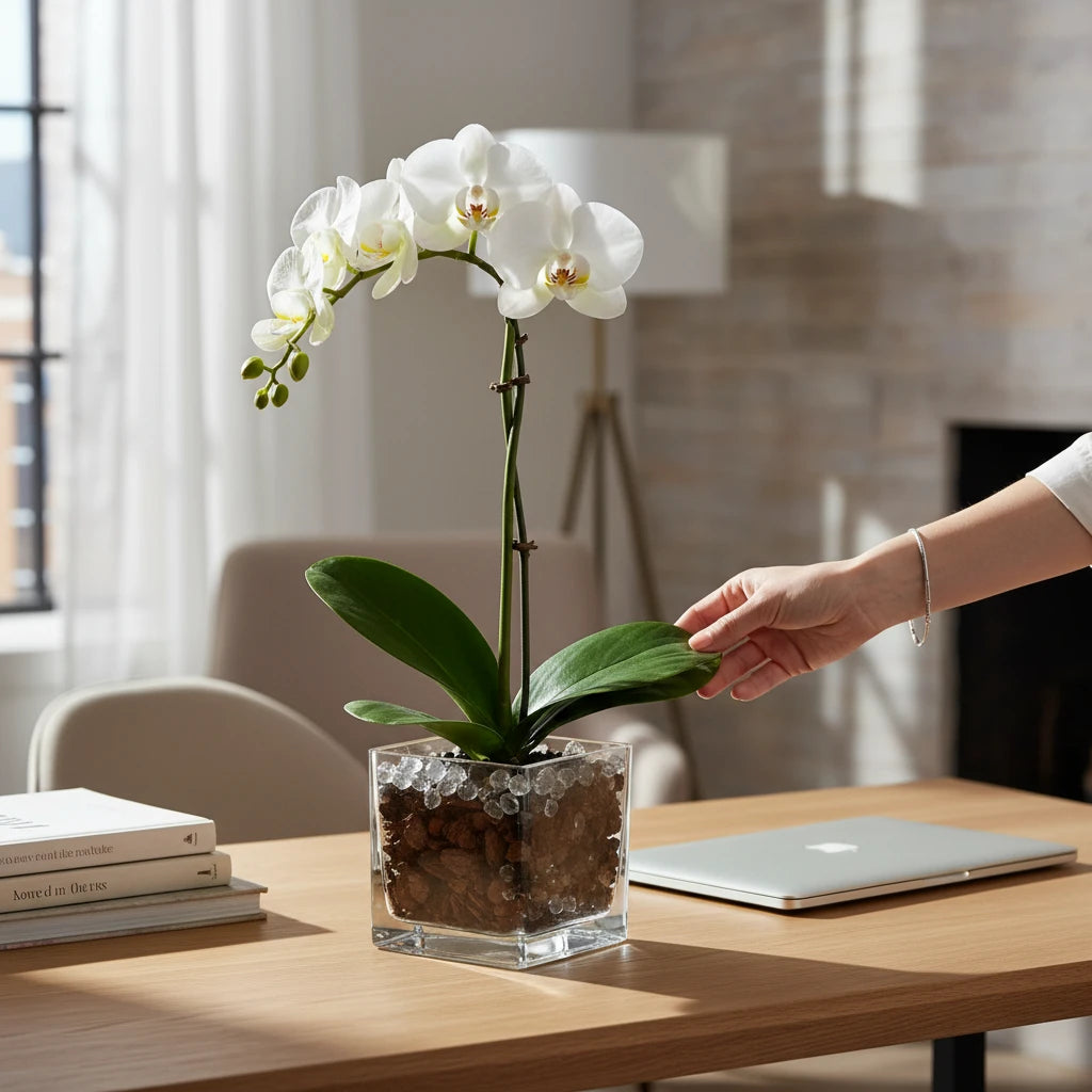 Crystal City Designs white Phalaenopsis orchid in a clear acrylic cube with black obsidian and clear quartz crystals.