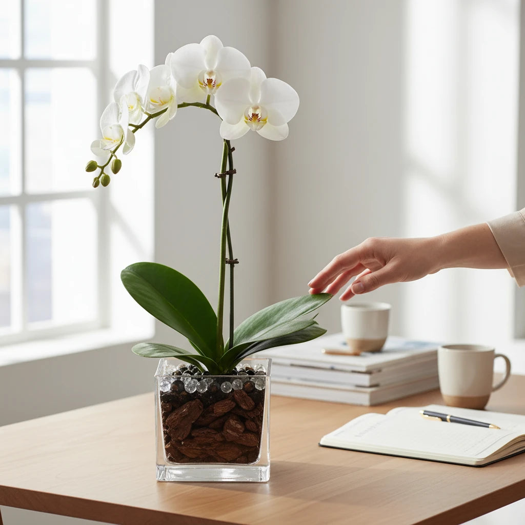 Crystal City Designs white Phalaenopsis orchid in a clear acrylic cube with black obsidian and clear quartz crystals.