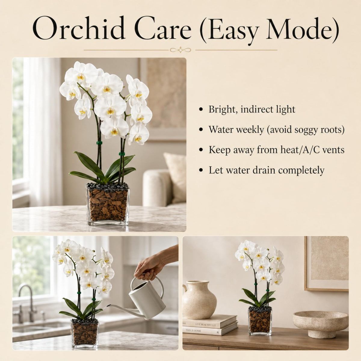 Crystal City Designs double-stem white Phalaenopsis orchid in a clear planter with black obsidian crystal accents.