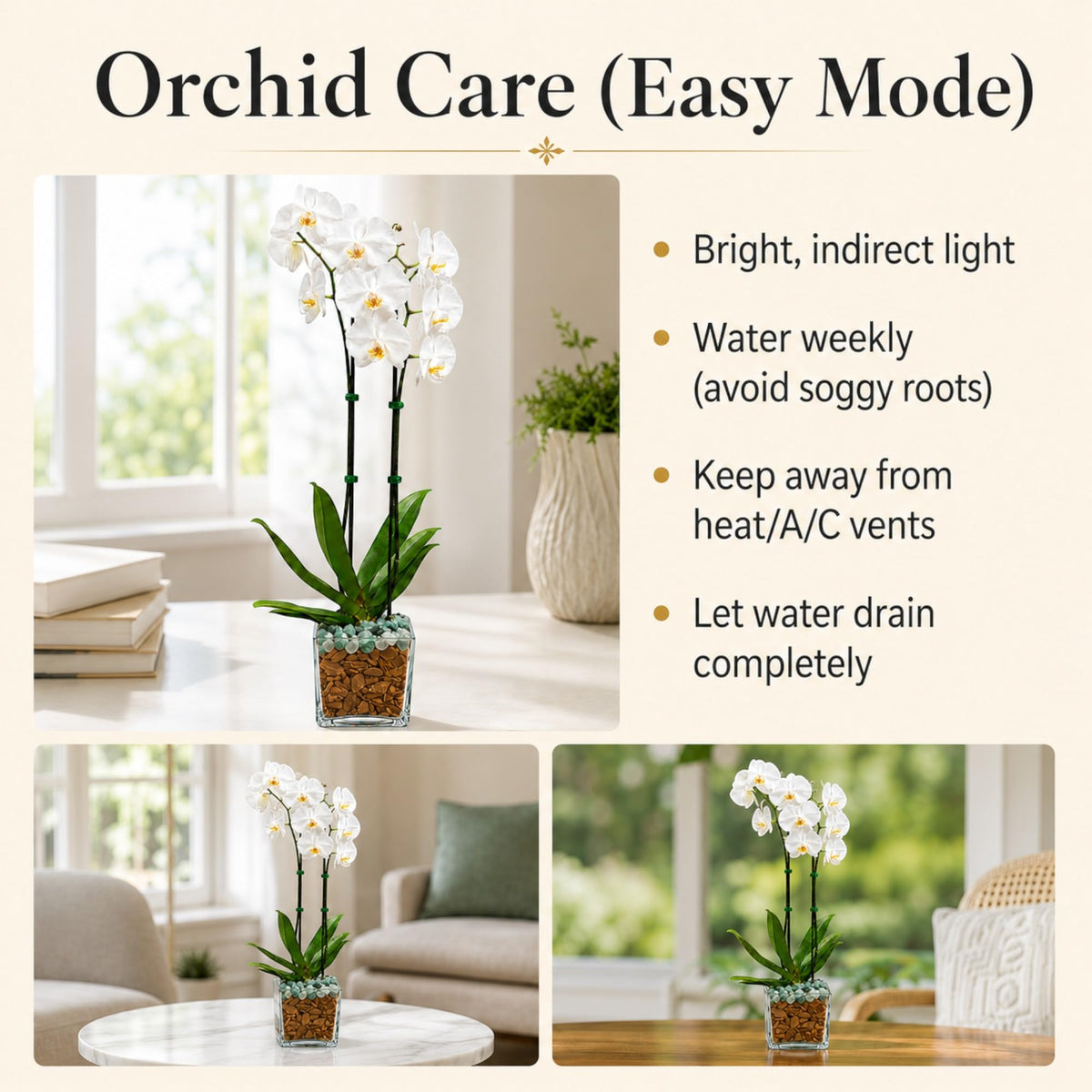 Crystal City Designs double-stem white Phalaenopsis orchid in a clear planter with Green Aventurine and Clear Quartz.