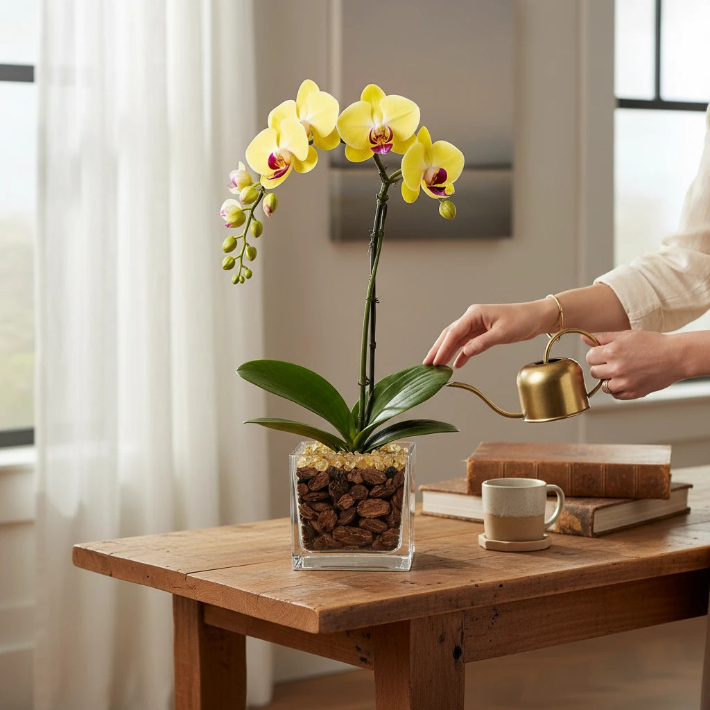 Crystal City Designs yellow Phalaenopsis orchid in a clear acrylic cube with Citrine crystals on a wooden desk
