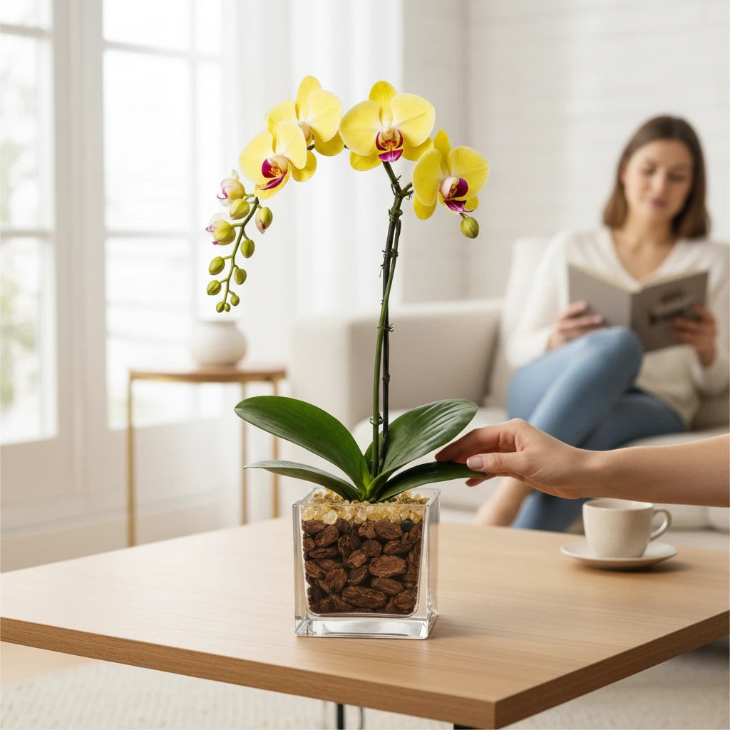 Crystal City Designs yellow Phalaenopsis orchid in a clear acrylic cube with Citrine crystals on a wooden table.
