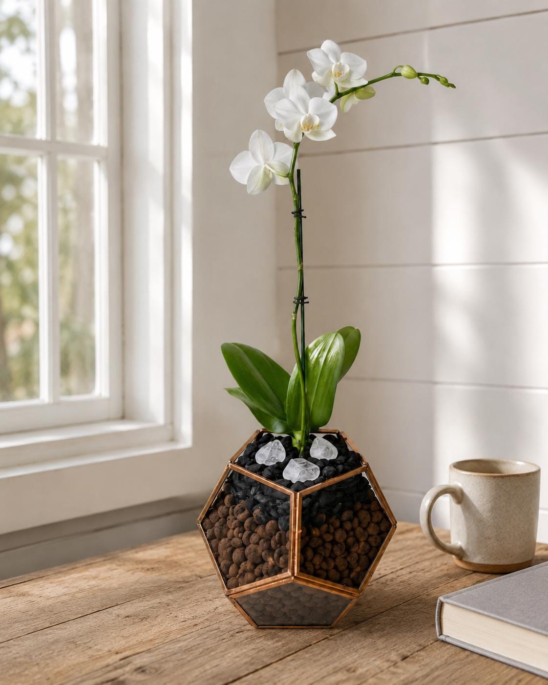 Mini Phalaenopsis Orchid in Geometric Terrarium, Bronze or Gold Trim, Custom Bloom Color