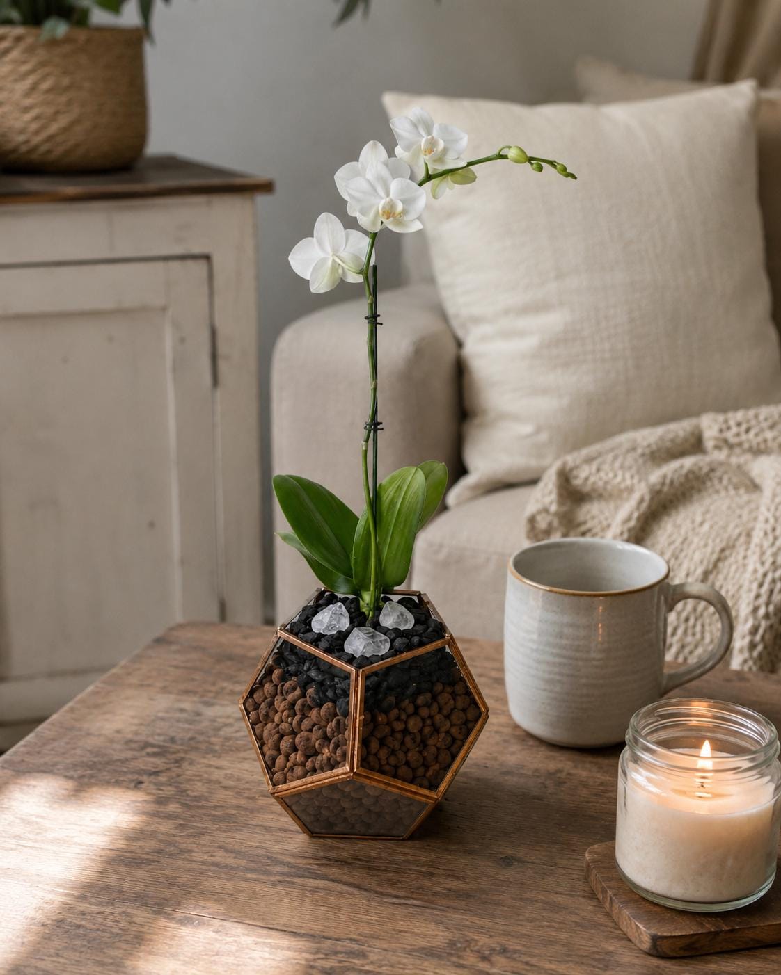 Mini Phalaenopsis Orchid in Geometric Terrarium, Bronze or Gold Trim, Custom Bloom Color