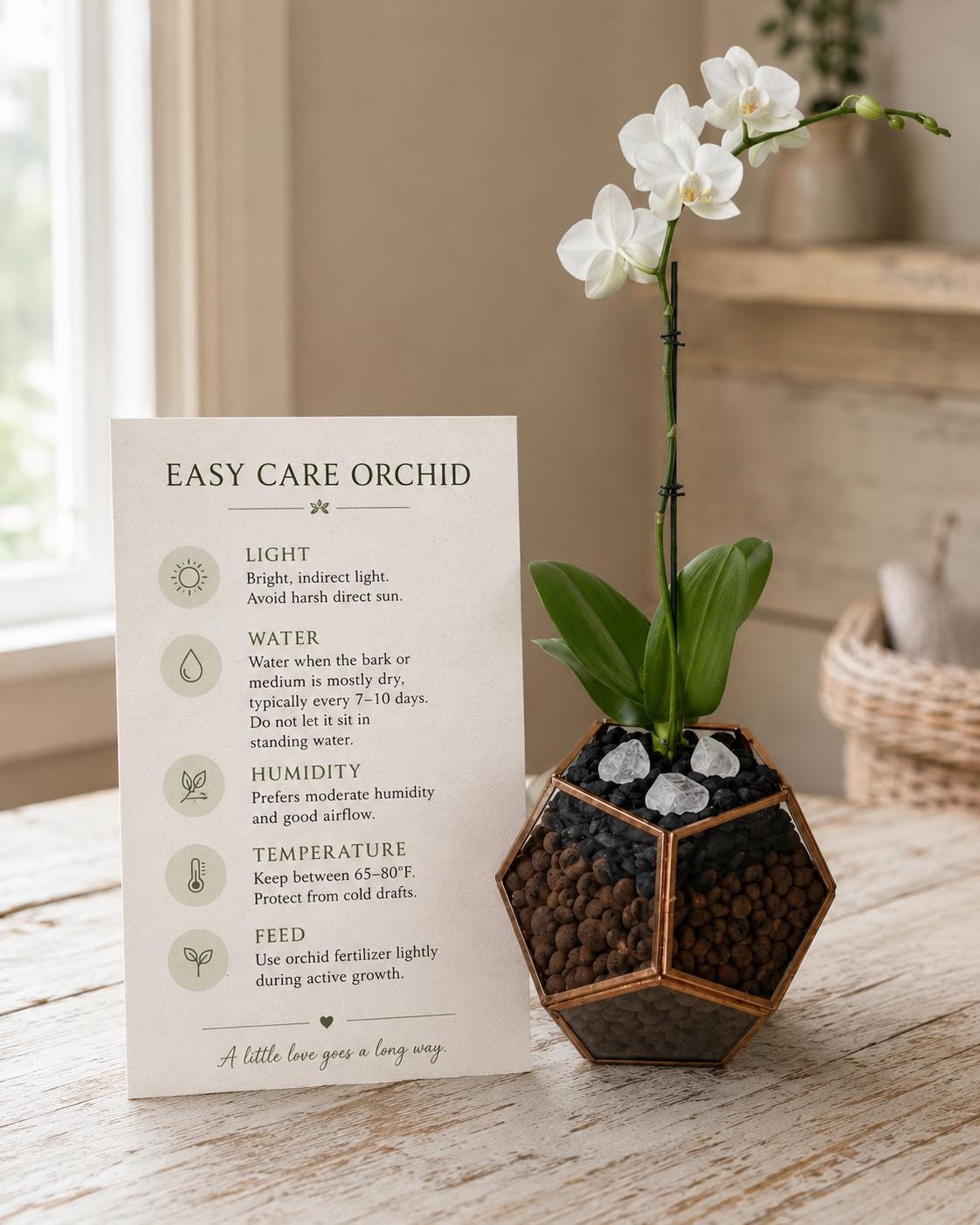 Mini Phalaenopsis Orchid in Geometric Terrarium, Bronze or Gold Trim, Custom Bloom Color