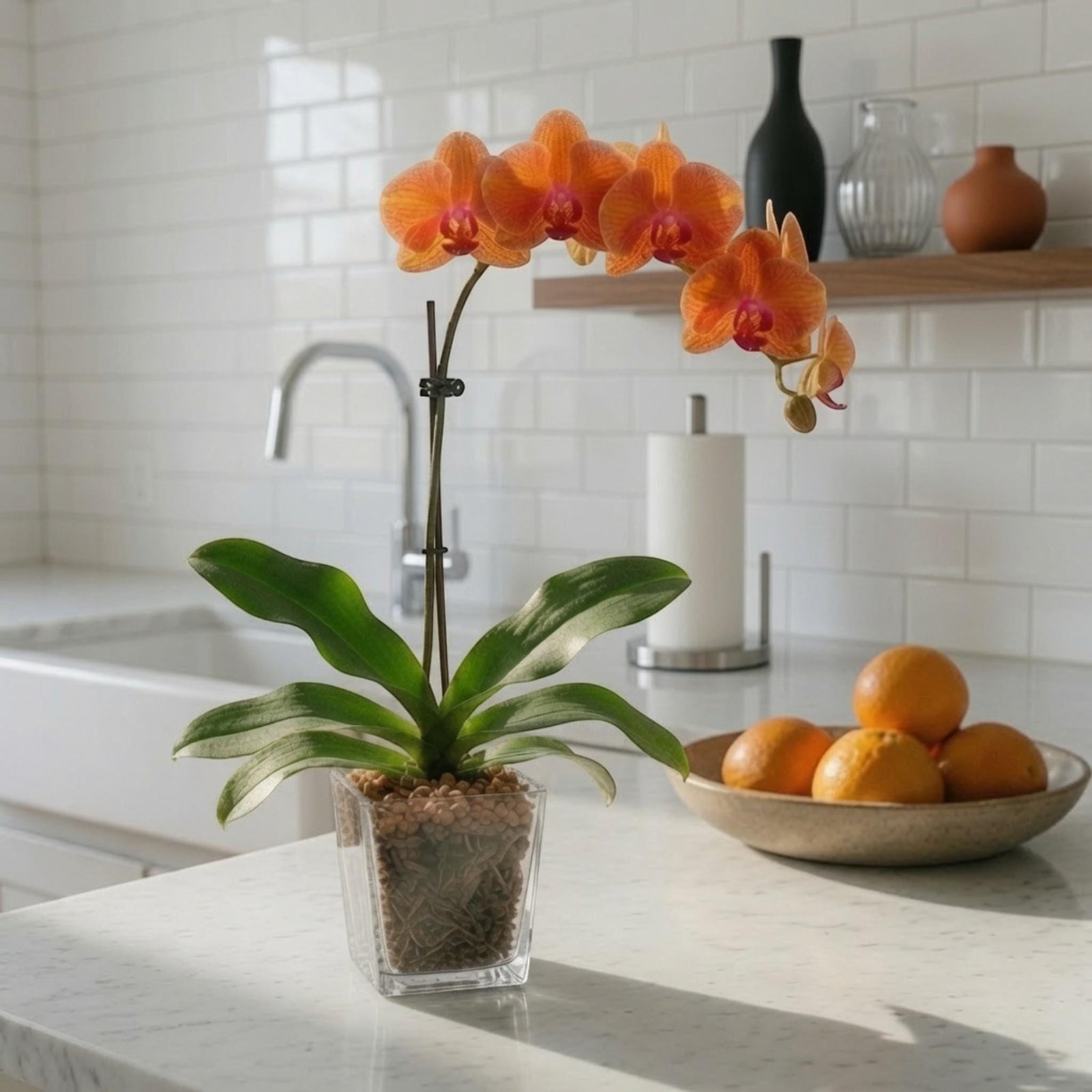 Live Mini Orange Orchid in Vase, Sunstone Crystal Accent, Desk Plant & Gift