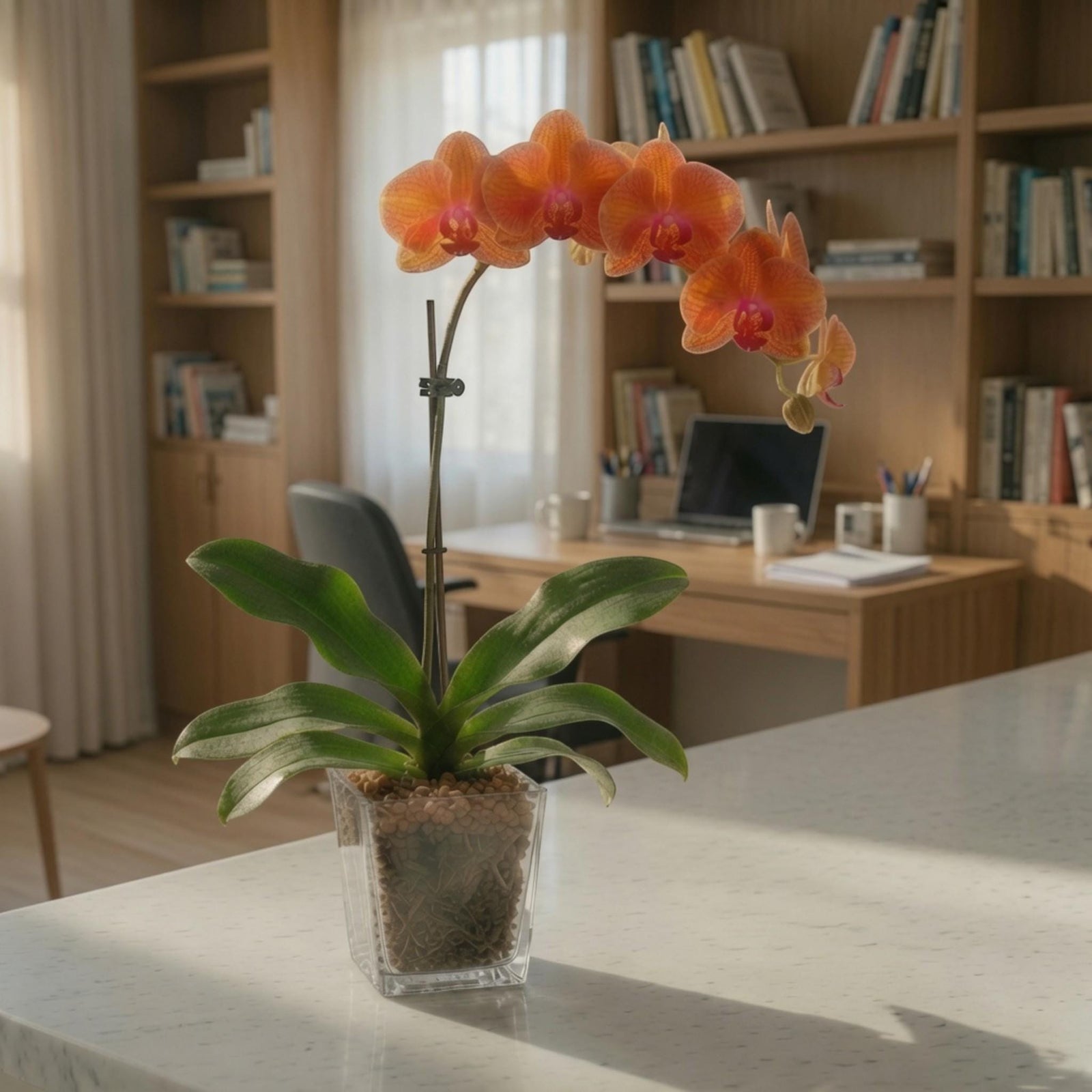 Live Mini Orange Orchid in Vase, Sunstone Crystal Accent, Desk Plant & Gift