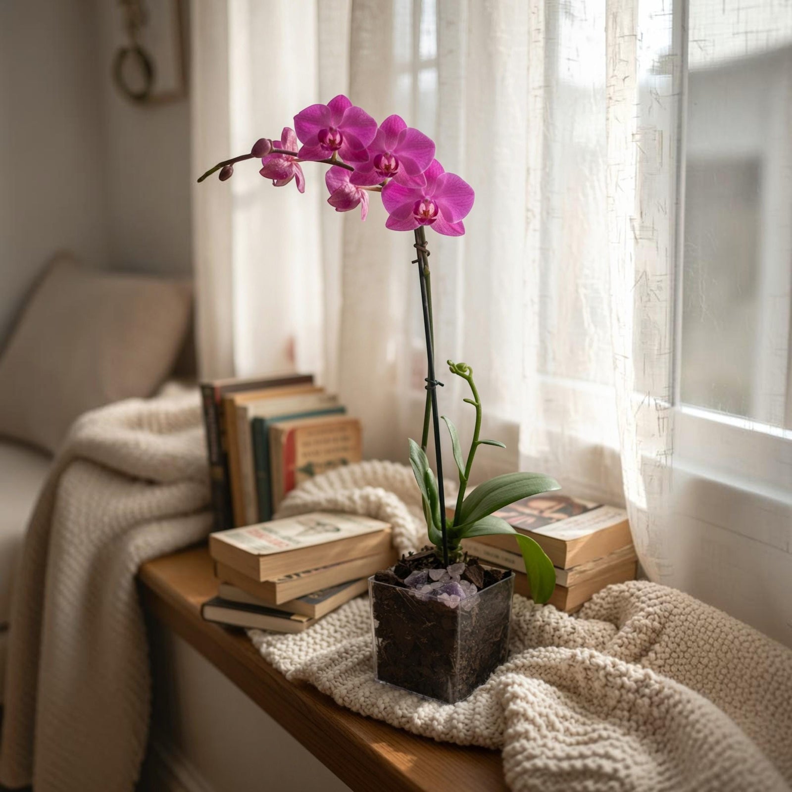 Live Mini Purple Orchid in Vase, Amethyst Crystal Accent, Desk Plant & Gift